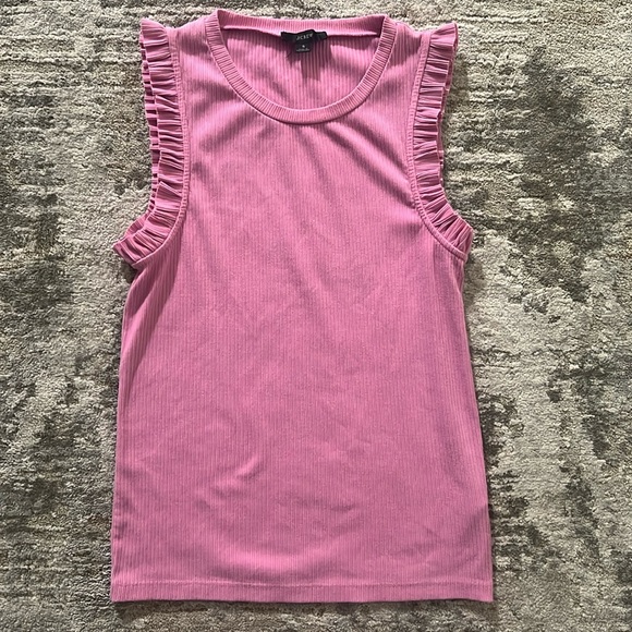 J. Crew Ribbed Ruffled Pink Women Sz Small Stretchy Crewneck Tank Top - Picture 3 of 9